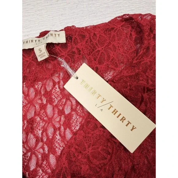 Thirty Thirty LA Red Lace Ruffle Tie Front Top Bell Sleeve Sheer Coquette NWT - Picture 6 of 15